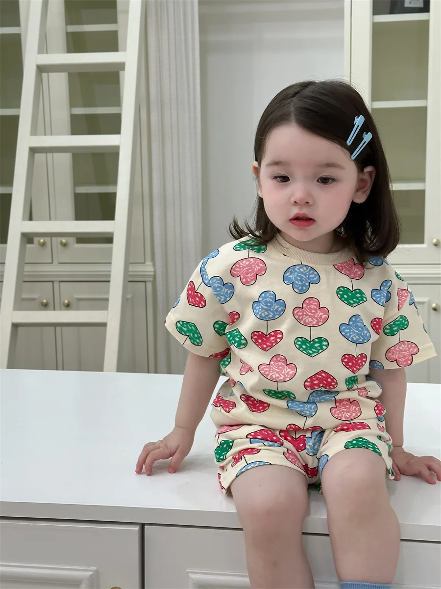 Roupas esportivas de algodão para bebês, conjunto de roupas de manga curta, calções casuais estampados na moda infantil, menino e menina, verão,