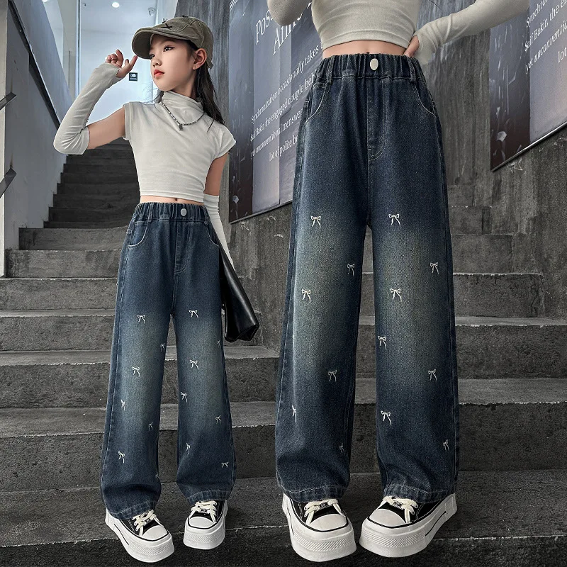Wide Leg Jeans for Girls Spring Fall Pants for Kids Bow Embroidery Design Fashion Casual School Teenage Children Trousers 4-15Y
