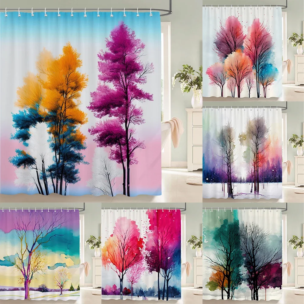 

3d акварельная занавеска для душа с деревом, растительный цветочный узор, ткань с принтом, водонепроницаемая полиэстеровая занавеска для ванной комнаты, декор с крючками