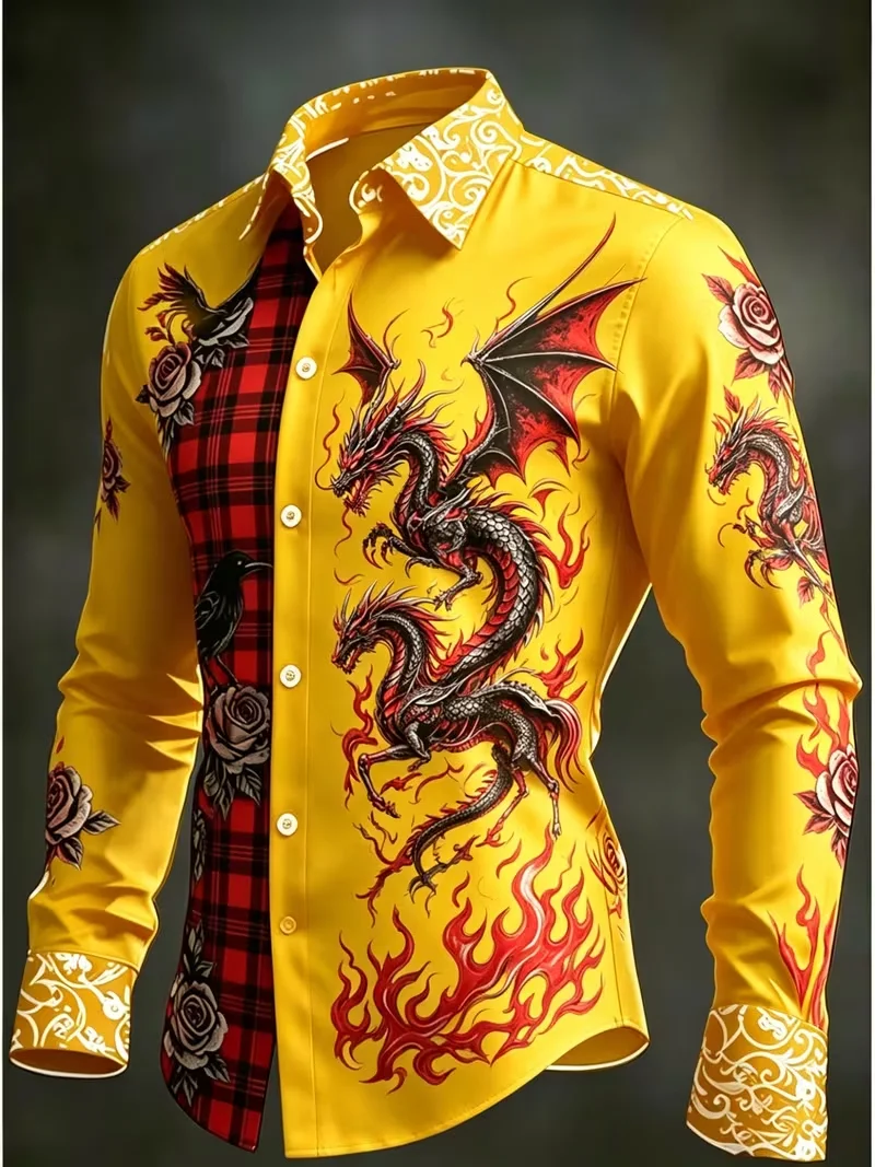 New Cross Wings Retro Tattoo Printed Long Sleeve Shirt Smooth High Gloss Satin Collar Men's Top Clothing