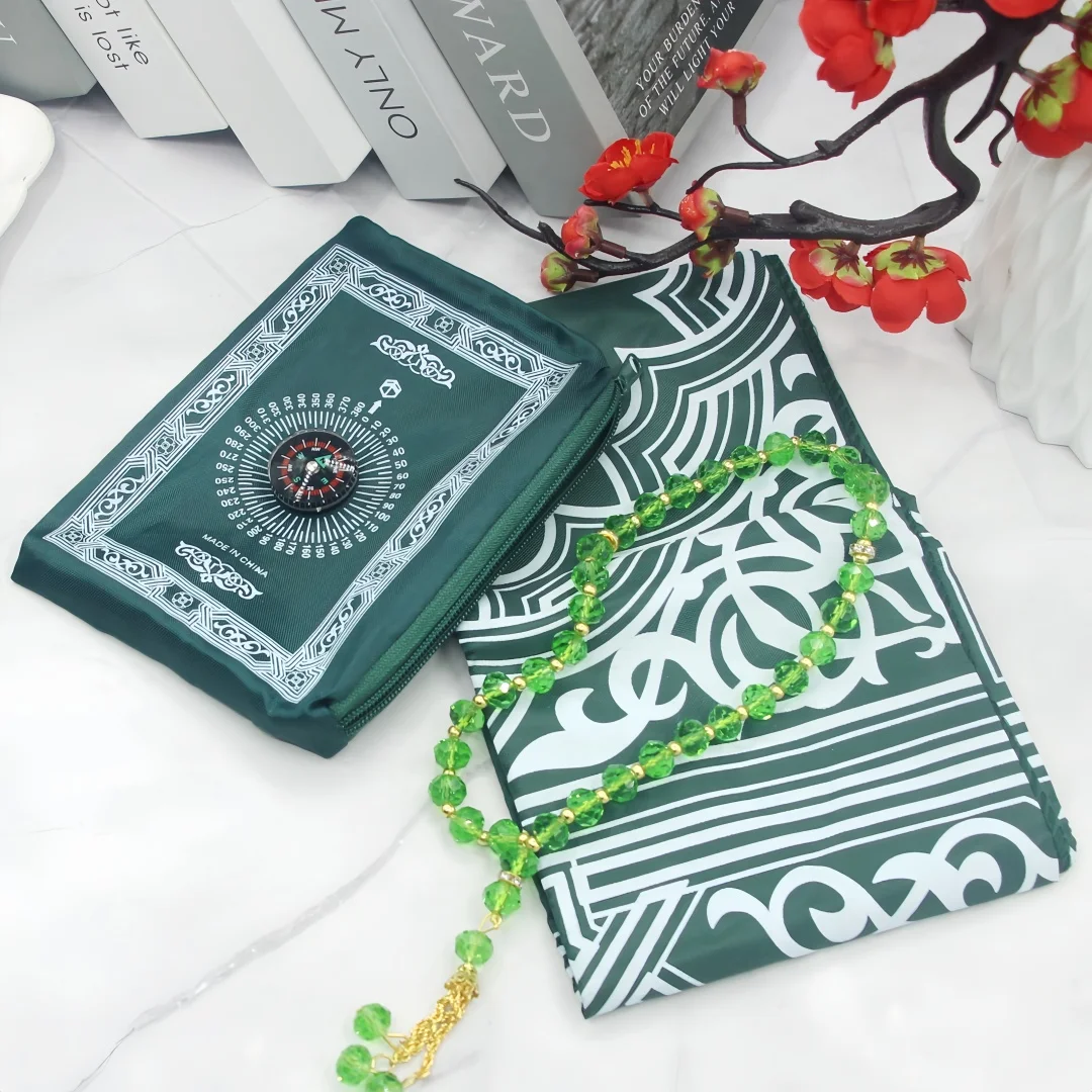 3pcs/1set Muslim Travel Prayer Mat Rug With Prayer Beads Pocket Travel Foldable Portable Prayer Carpet with Compass Praying Rug