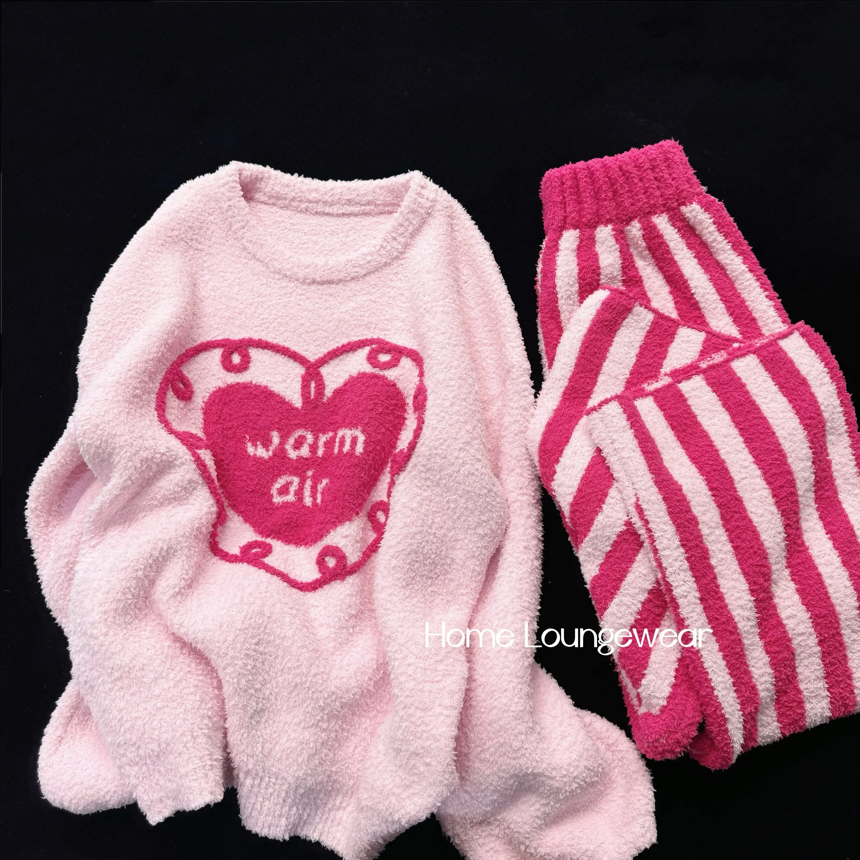 

Sweet Coral Fleece Pajamas Women Soft Thickened Warm Pink Heart Round Neck Long Sleeve Sleepwear Striped Pajama Pants