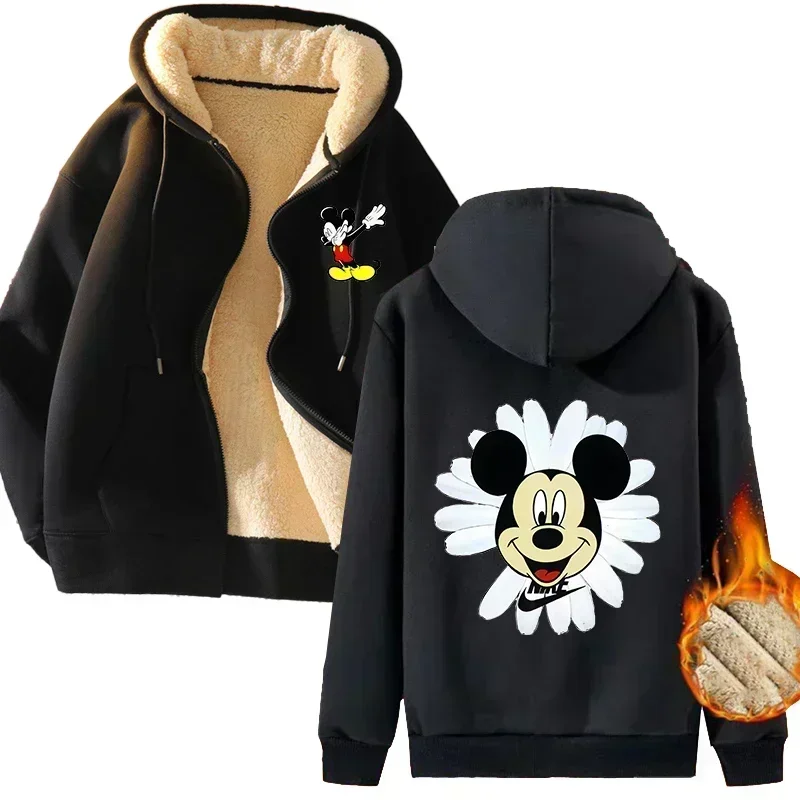 Cute Disney Mickey Mouse Zipper Hoodie Velvet and Thickening Winter Keep Warm Jacket Adult Clothing Coat Women Streetwear Y2k