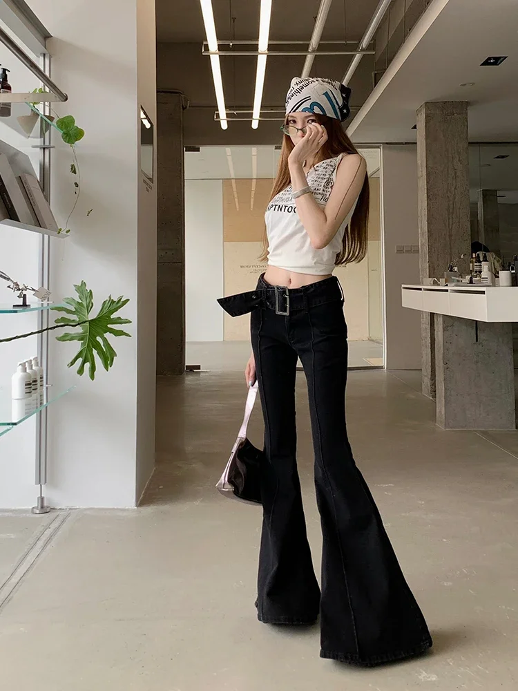 Women Japanese Y2k Streetwear Harajuku Fashion Bell Bottoms Denim Pants Long Trousers 2000s Grunge Flare Jeans Gyaru Goblin Core