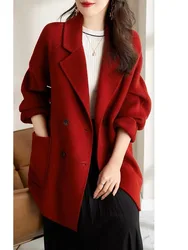 2021 Spring Street Blast Retro Sexy Red Velvet Blazer for Women Loose Mid-Length with Cotton and Belt Female Office Lady Coat