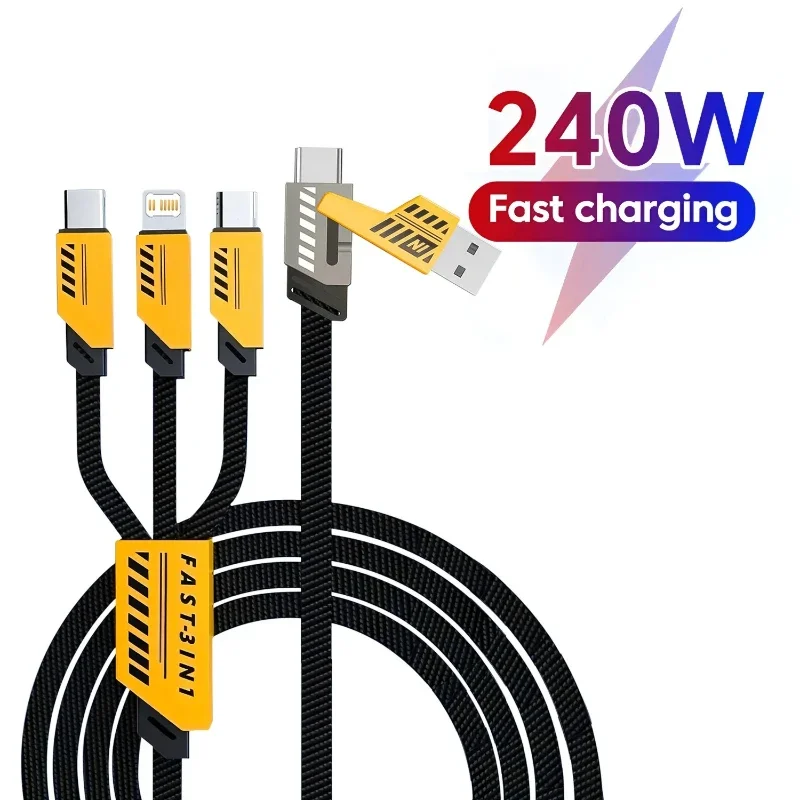 240W Multi-Ladekabel 1,2m 3-in-2-Port Schnellladekabel Kompatibel mit Typ-C Micro-USB Mobiltelefonen