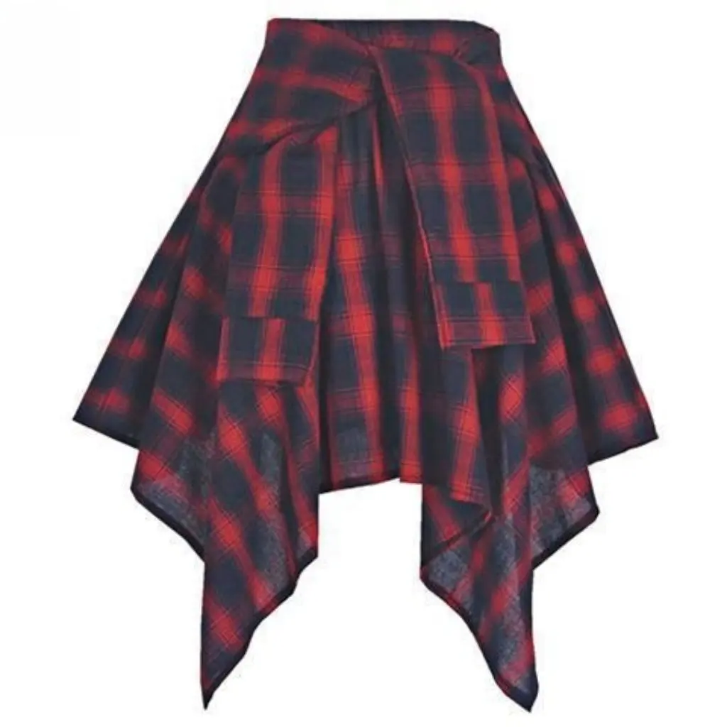 

Women's Elastic Waist Plaid Asymmetrical Skirt Medium Short Sports Hip-Hop Style with Lace-Up Bow Detail