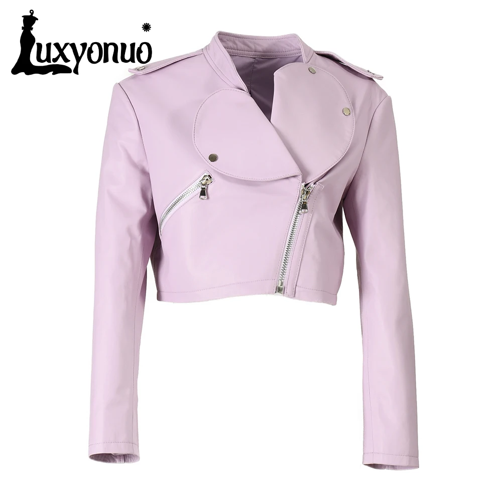 Luxyonuo Women's Real Leather Jacket 2023 Spring Sweet Girl Lavender Color Genuine Leather Coat Ladies Autumn Fashion Outerwear