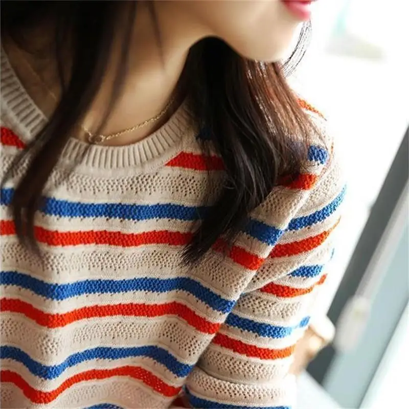 Striped Knitted Sweater Women\'s 2024 Autumn New Pullover O-Neck Screw Thread Bright Line Decoration Casual Long Sleeve Tops