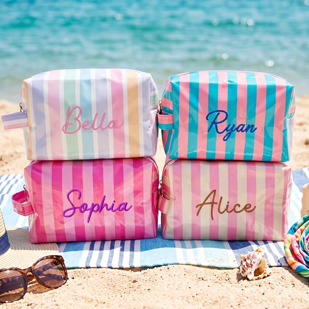 Embroidered Name Striped Cosmetic Bag, Portable Waterproof Multifunctional Travel Wash Pouch, practical wedding bridesmaid gift