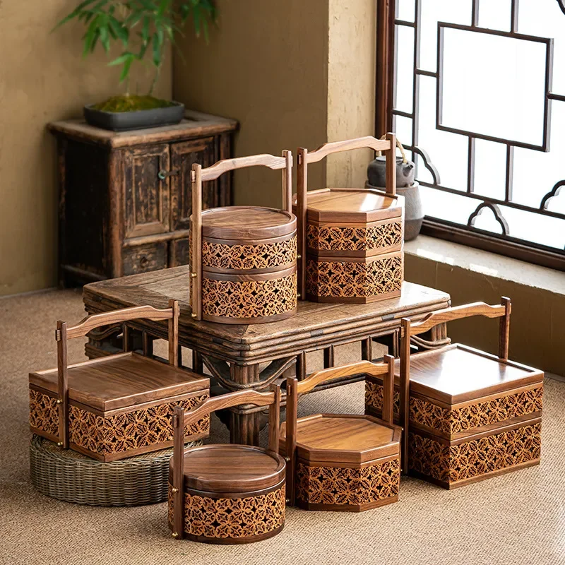 Chinese dim sum carrying box walnut tea set storage box dustproof outdoor picnic basket lacquer food box multi-layer portable