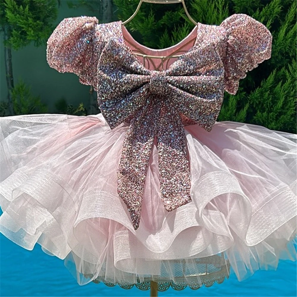 Pink Flower Girl Dress Glitter Sequins Bow Belt For Wedding Party Short Sleeves Puffy First Communion Gown Kids Birthday GIFT