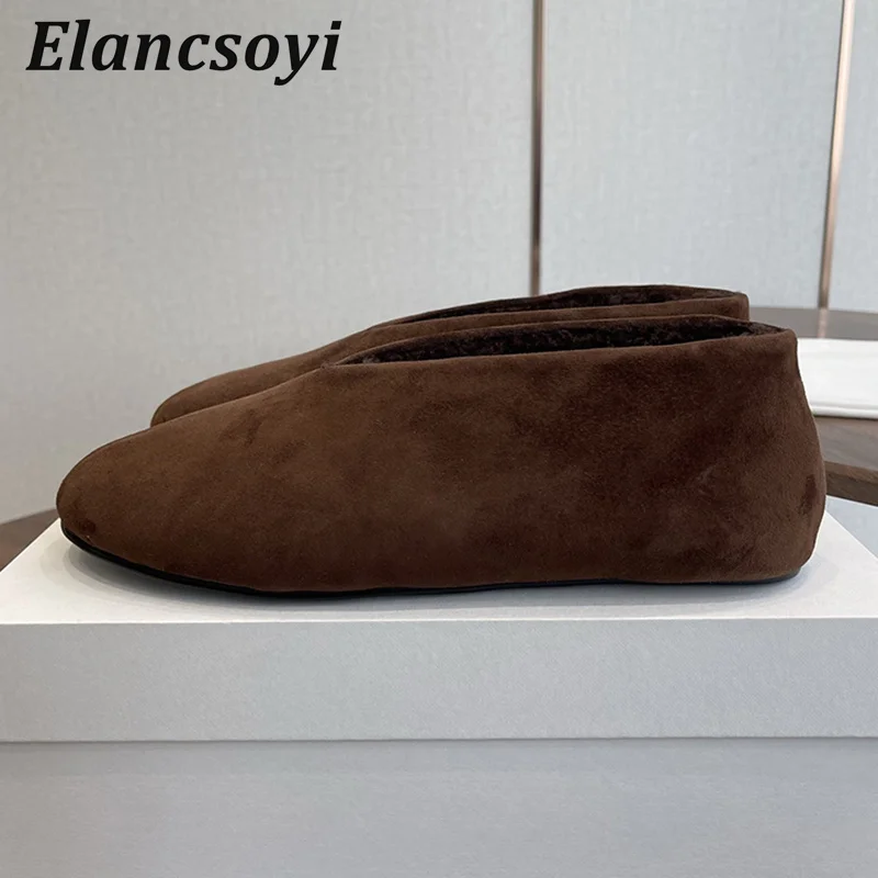 Lazy Loafers Women Genuine Leather Round Toe Flat Shoes Deep Mouth Single Shoes Winter Real Wool Lining Warm Casual Shoes 2026