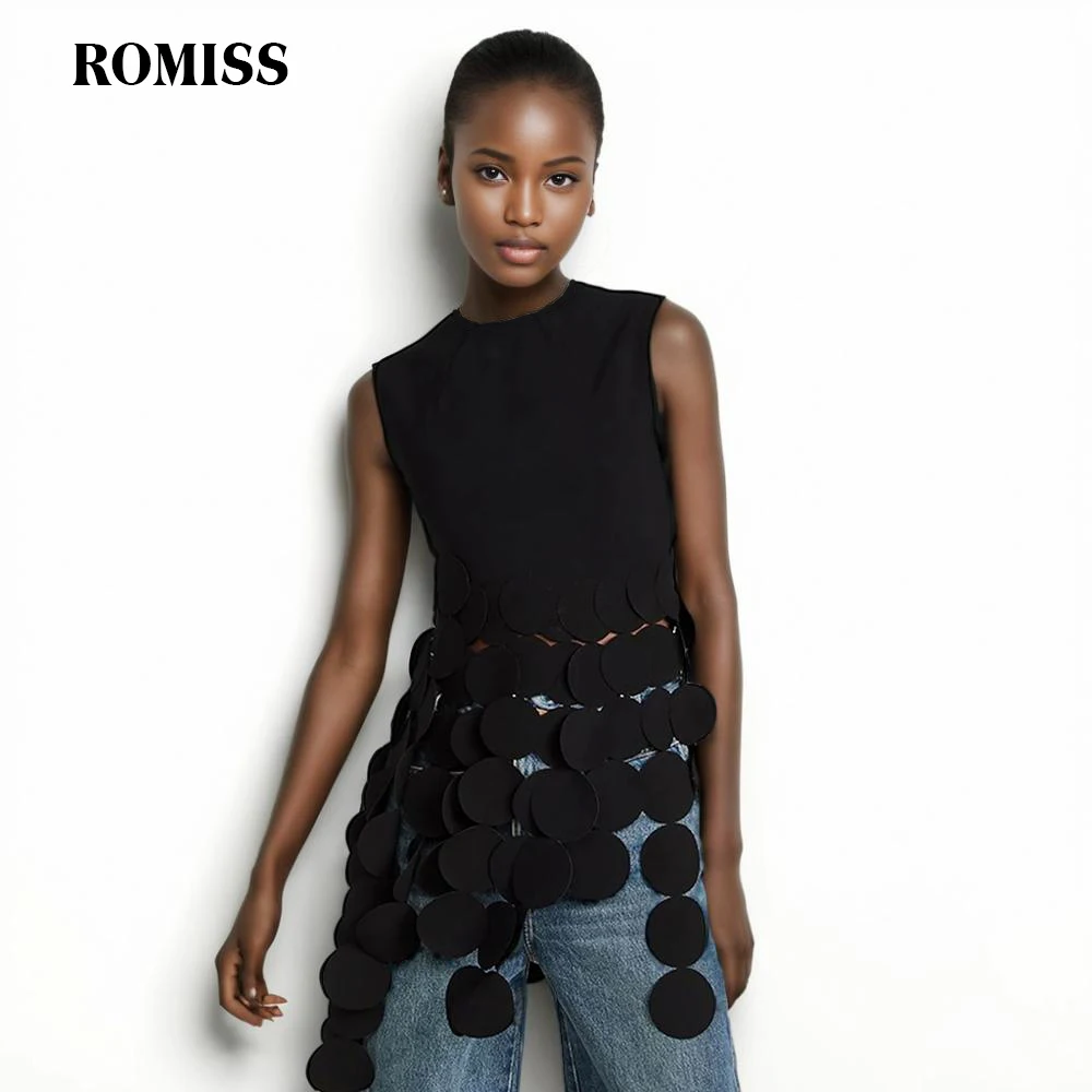 ROMISS Patchwork Tassel Vest For Women Round Neck Sleeveless Off Shoulder Slimming Irregular Folds Solid Summer Tops Female