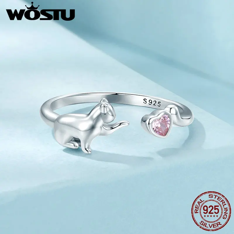 WOSTU 925 Sterling Silver Cute Pet Cat Open Ring For Women Lovely Kitty Pink Heart Zircon Animal Rings Girl Birthday Gift Party