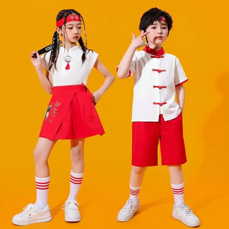 Costumes de chorale de style chinois pour enfants, réunion sportive, classe de pom-pom girl, école primaire