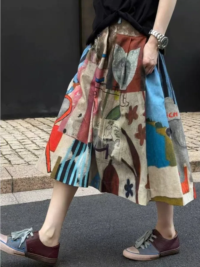 Authentic Double Layer Casual Vintage Skirt Spring Autumn Season Women's mid Waist A-Line Skirt Polyester Fiber Printed