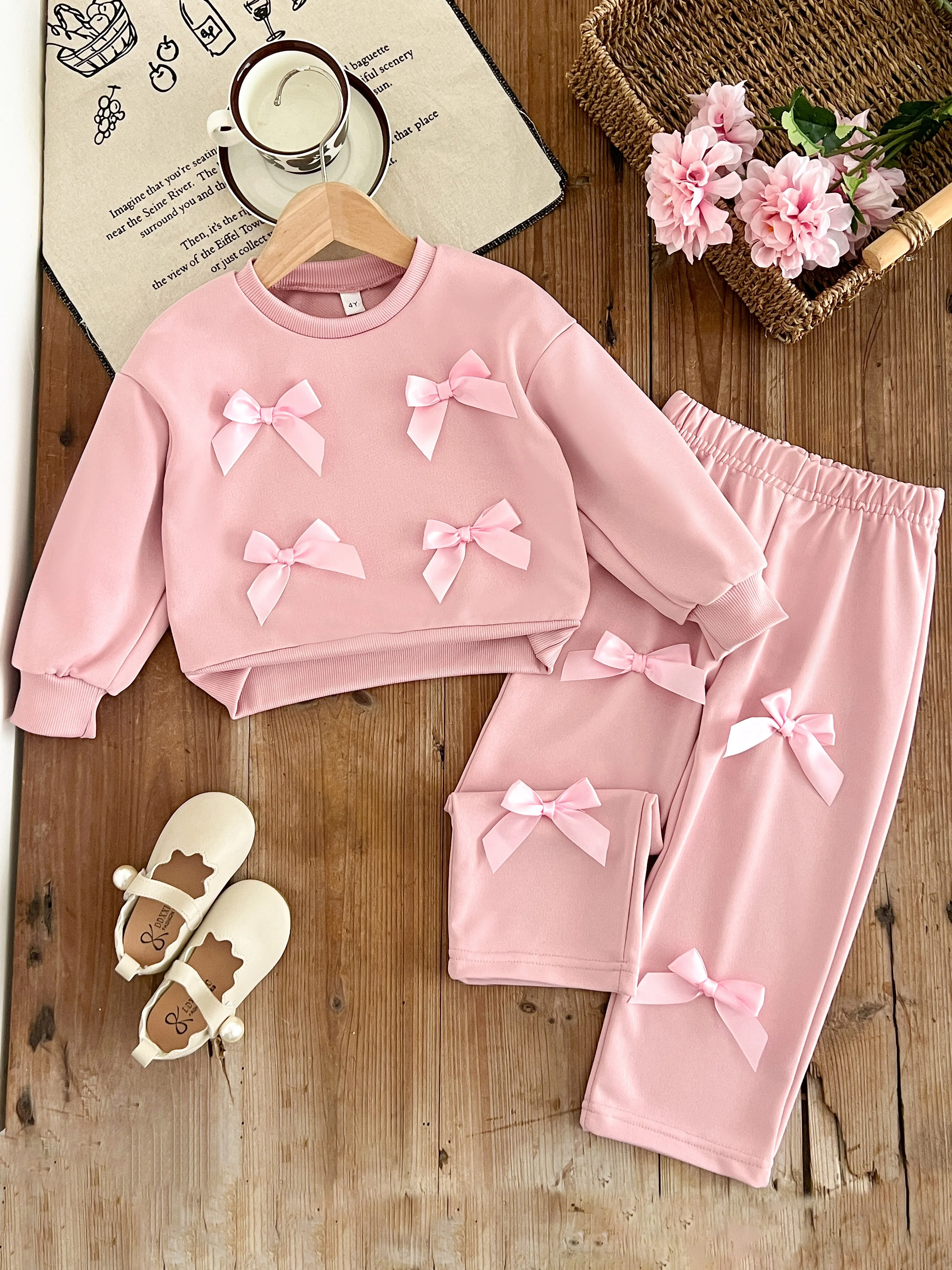 Kinder Kleidung Mädchen Herbst Mode Bogen-verziert Rosa Sweatshirt + Gerade bein Hosen Sets Kinder Täglichen Casual Wear