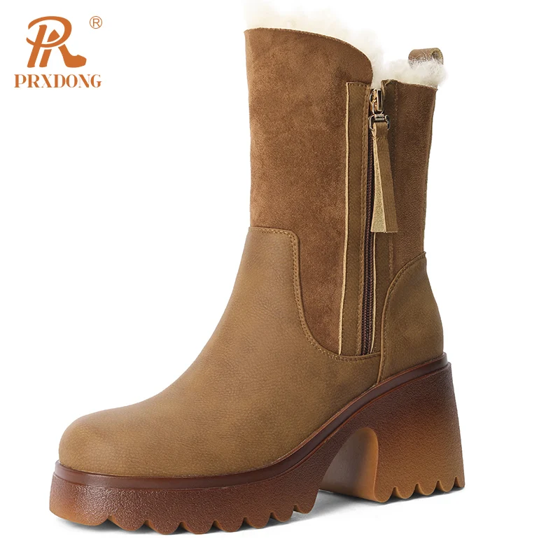

PRXDONG INS 2024 New Brand Autumn winter warm Snow Boots Chunky High Heels Platform Black Brown Dress Casual Female Ankle Boots