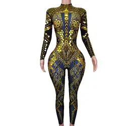 Fashion Elastic Long Sleeves Sequins Gold Bodysuits Pole Dance Team Stage Leotard Spandex Rompers Women Sexy One Piece Jumpsuis