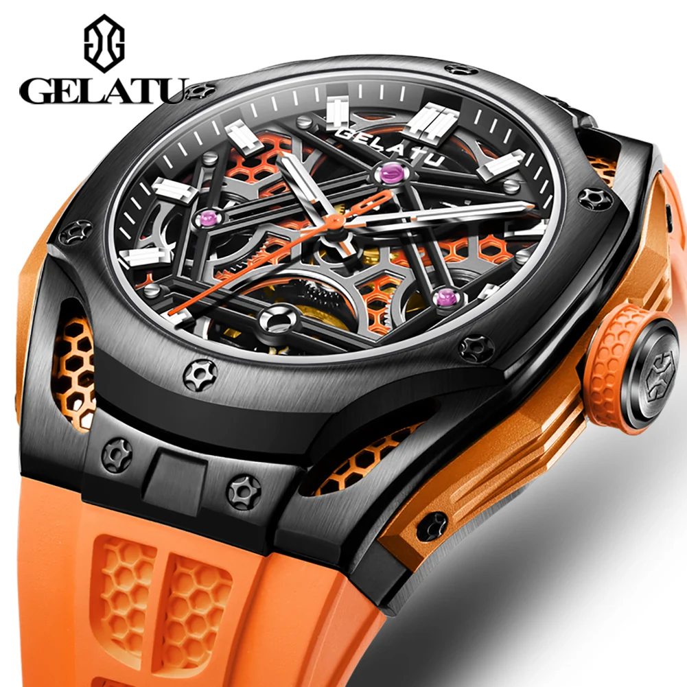 GELATU 6008 Men\'s Watch Silicone Strap Skeleton Automatic Mechanical Men\'s Watches Hollow Out Waterproof Luxury Sport Wristwatch