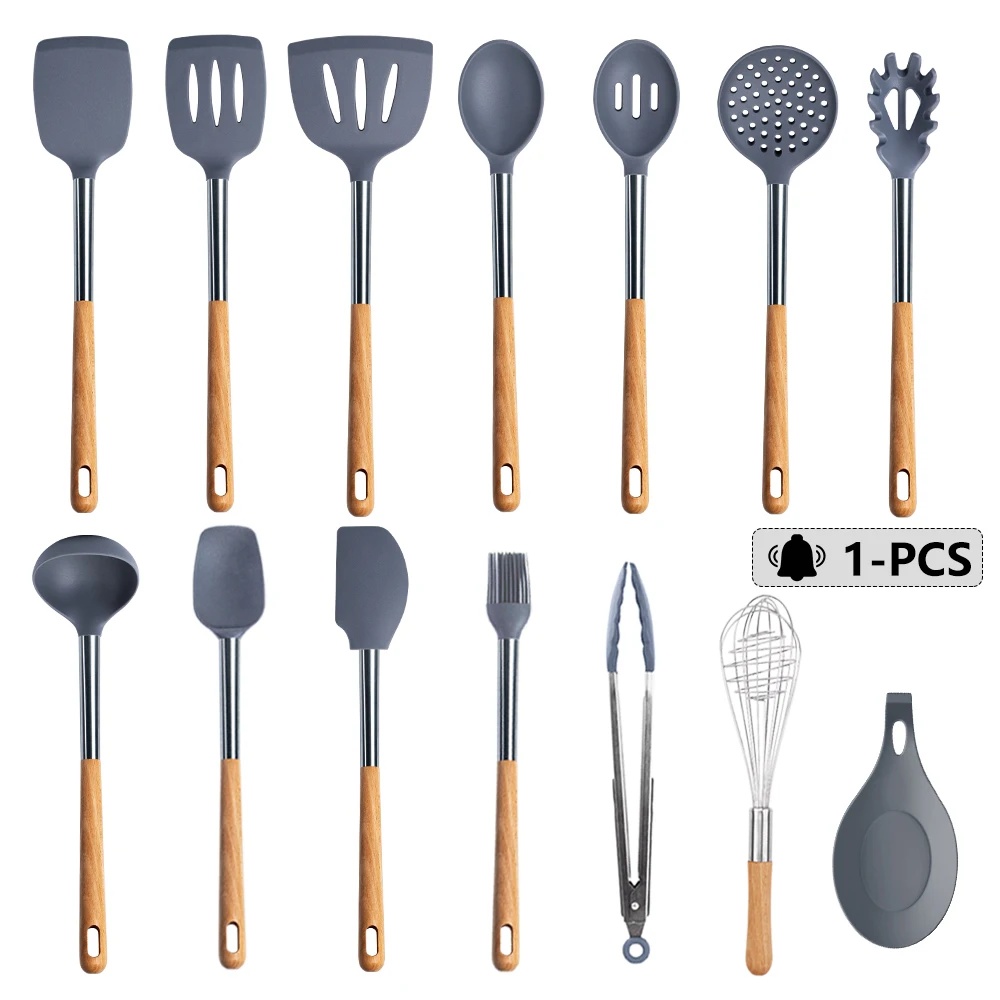 

1 Pcs Silicone Kitchen Utensils Cooking Tools Beech Wooden Extended Handle with Large Hanging Holes Non-Stick Kitchenware Gray