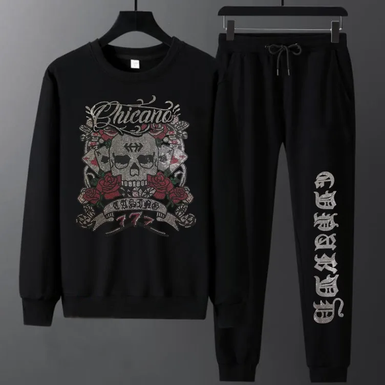 Fashion Diamonds Skulls Mens Sets Casual Autumn Winter Round Neck Hoodie and Pant Suits Black Tracksuit Men Ropa Para Hombre