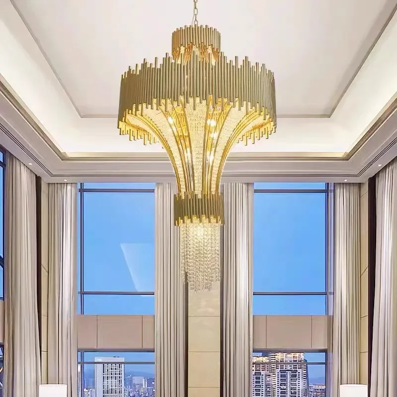 Luxury Crystal Chandelier for Duplex Villa High Ceiling Living Room Large Hollow Rotating Staircase Loft Engineering Light