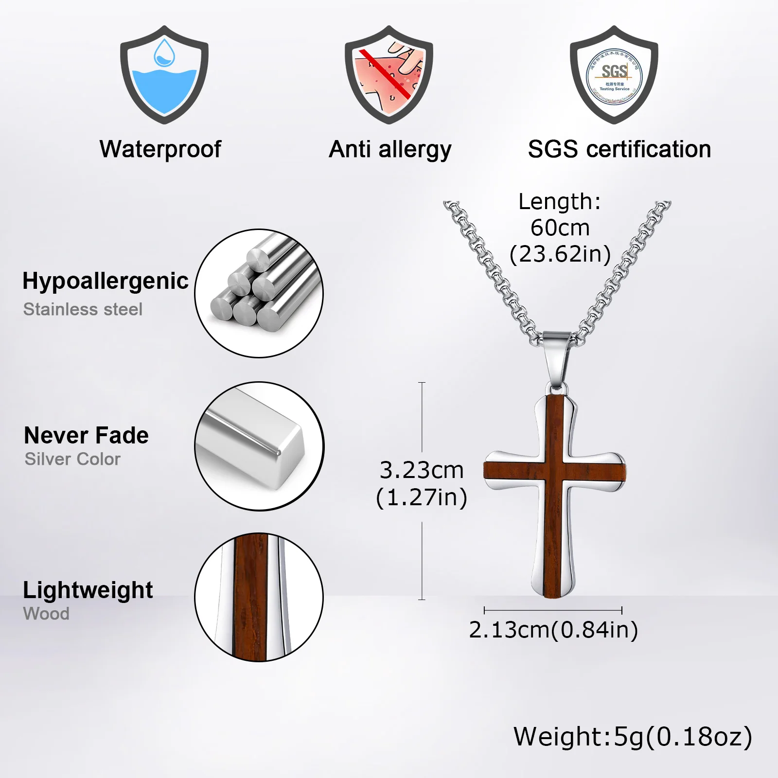 Rote Birne Massivholz Kreuz Halskette für Männer, Silber Farbe Edelstahl Anhänger Halskette, Hip Hop Cool Punk Schmuck Geschenk – Detail 4