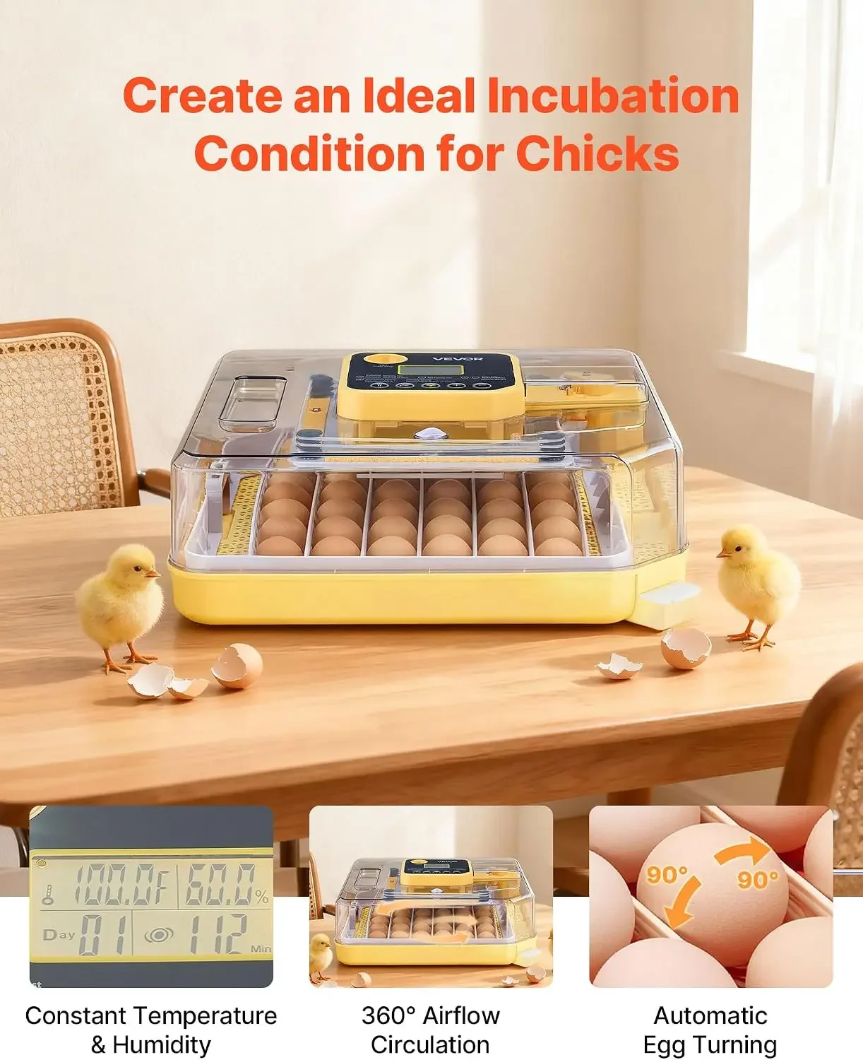 48 Egg Incubator, Automatic Egg Turner with LED Candler, Temperature Display & Auto Humidity Control, 360° View Clear Window, Po