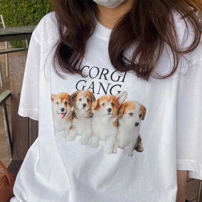 Oversized Kawaii Dog Corgi Gang Print T Shirt Women Korean Fashion T-Shirt Egirl Y2k Aesthetic Shirt Harajuku Streetwear Clothes