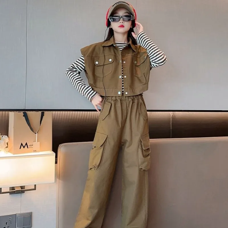 

T-shirt Vest Pants 3-Piece Set Elementary Girl Autumn Winter Clothes Kids Korean Children's Clothing 2025 Girls 10 12 Years