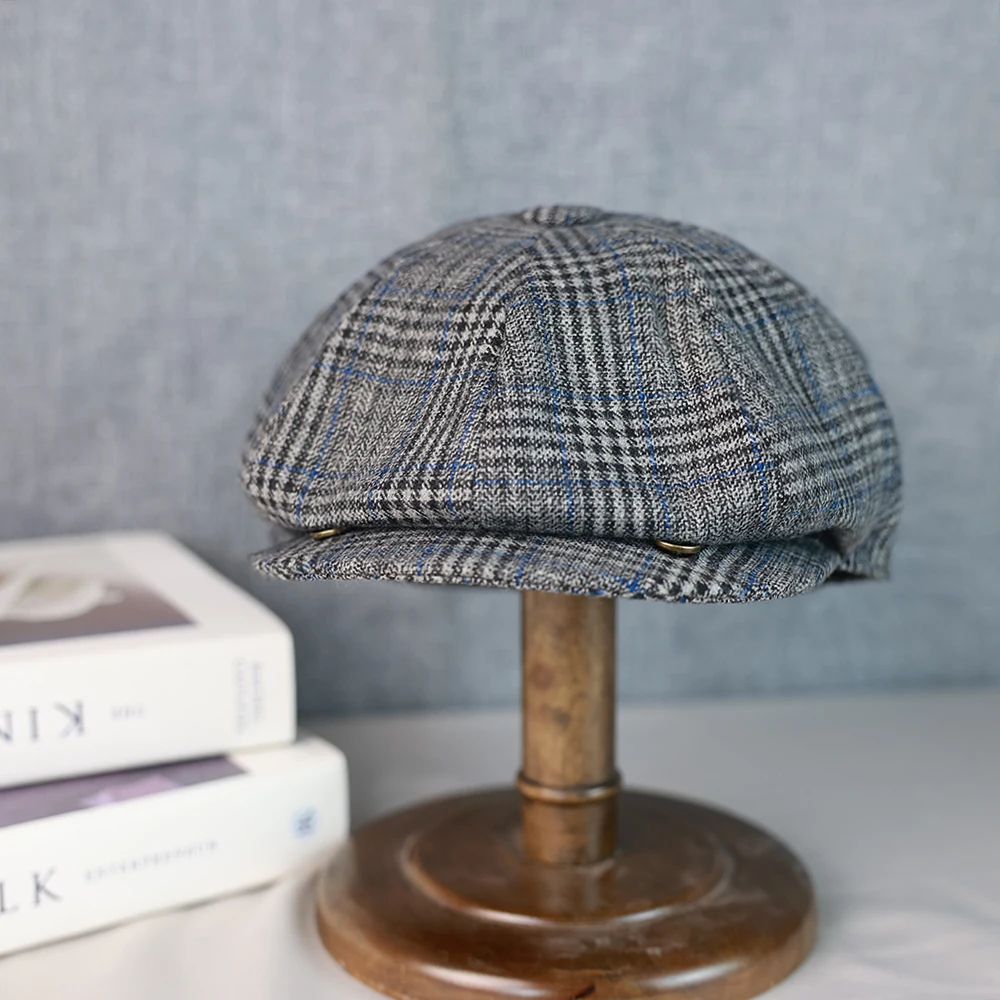 2025 New Men Wool Houndstooth Newsboy Hat Women Gatsby Cap Retro Gray Beret Hat Women Spring Autumn Winter Plaid Hat 013