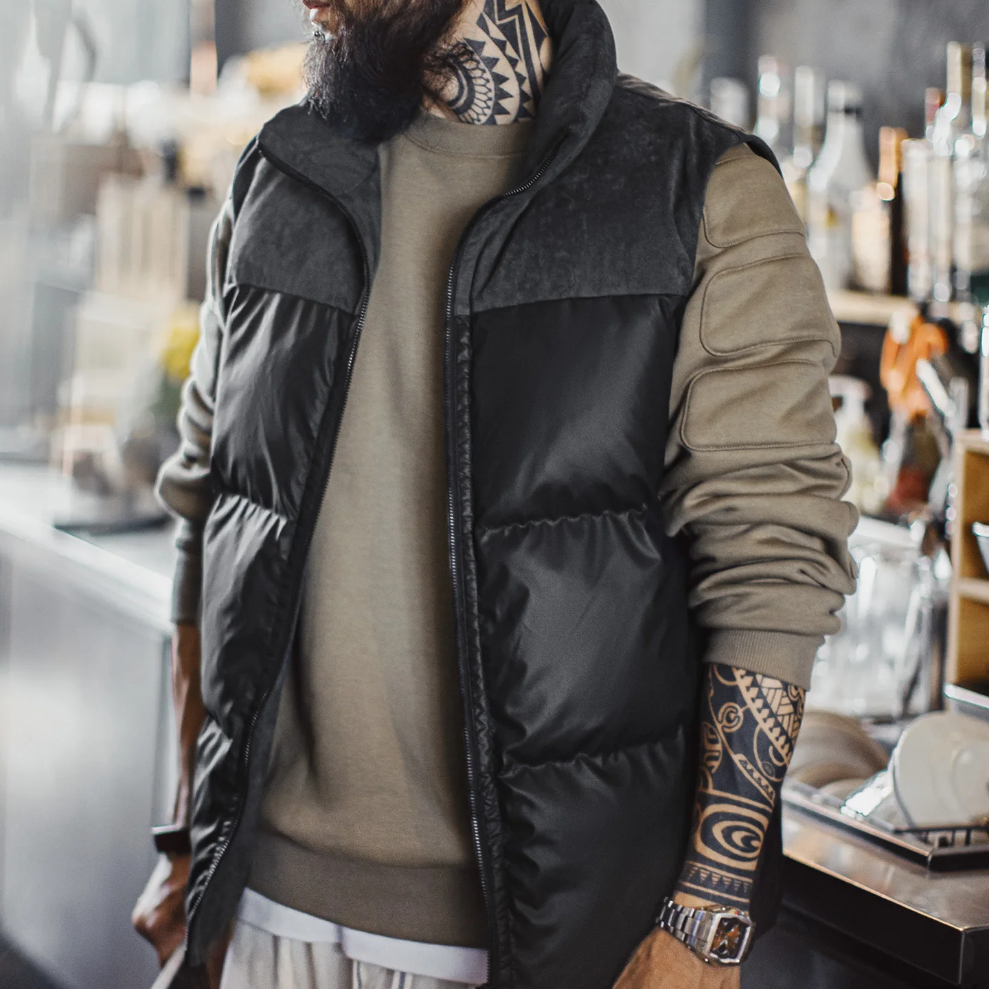 Maden Men Quilted Vest Black Outdoor Puffer Sleeveless Jacket Stand Collar Thickened Insulated Collar Warm Coat for Full Winter