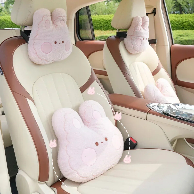 Cute Little Rabbit Car Headrest Soft Comfortable Neck Pillow Steam Velvet Waist Pillow Kawaii Auto Accessories Car Seat Pillow