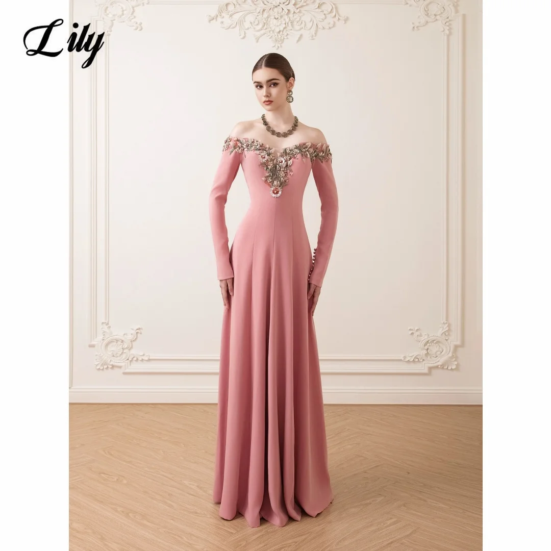 

Lily Pink Off Shoulder Full Sleeve A-Line Prom Dress 3D Floral Beaded Lace Formal Evening Dress Elegant Party Dress Customized