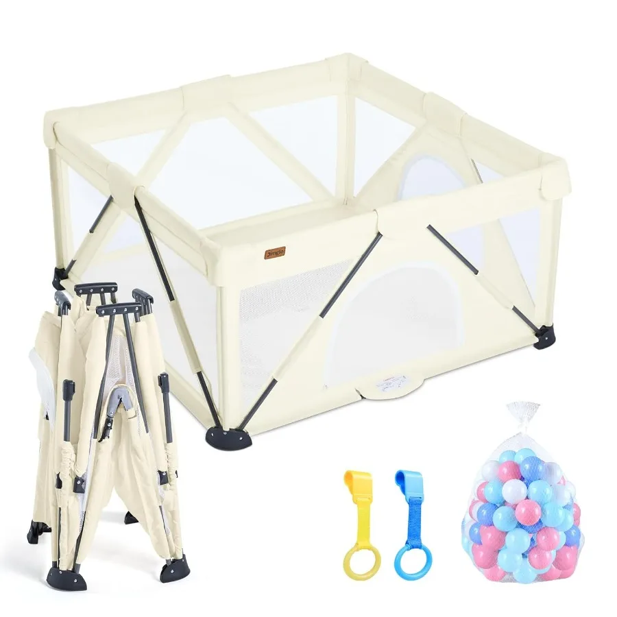 Baby Playpen Foldable Playard for Babies and Toddlers Portable Playpen Activity Center with 50 Balls+2 Handles for Travel Indoo