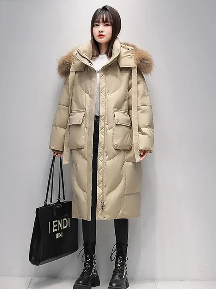 Giacche invernali donna 2024 piumini lunghi moda grande collo di pelliccia di volpe più spesso caldo piumino con cappuccio collo di vera pelliccia