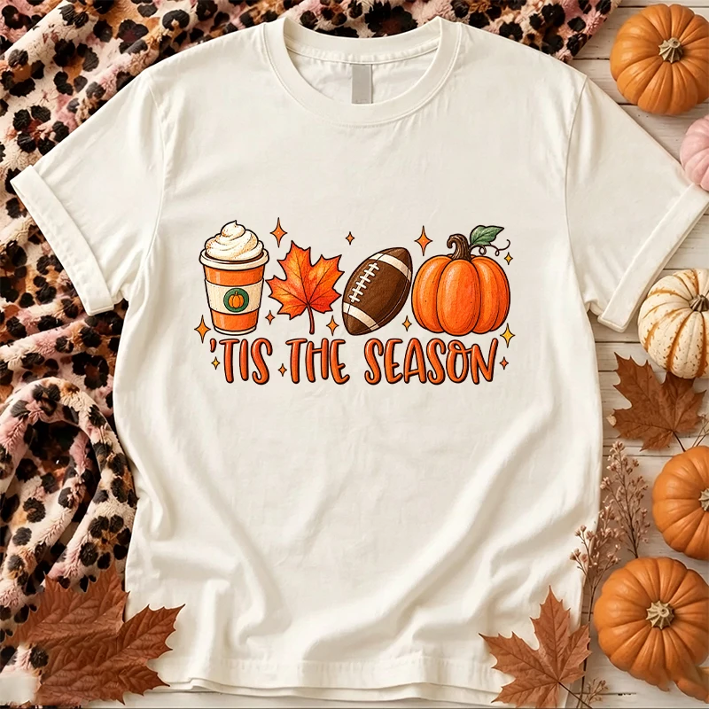 Tis The Season T-Shirt Womenn's Pumpkin Spice Latte Football Maple Leaf Cute Fall Graphic Tee Fall Vibes Thanksgiving Tshirts