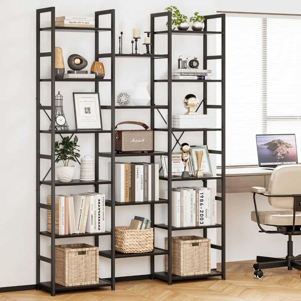 

Three-column 6-tier Bookcase with 17 Open Display Shelves, Adjustable Rustic Industrial Style Bookshelf