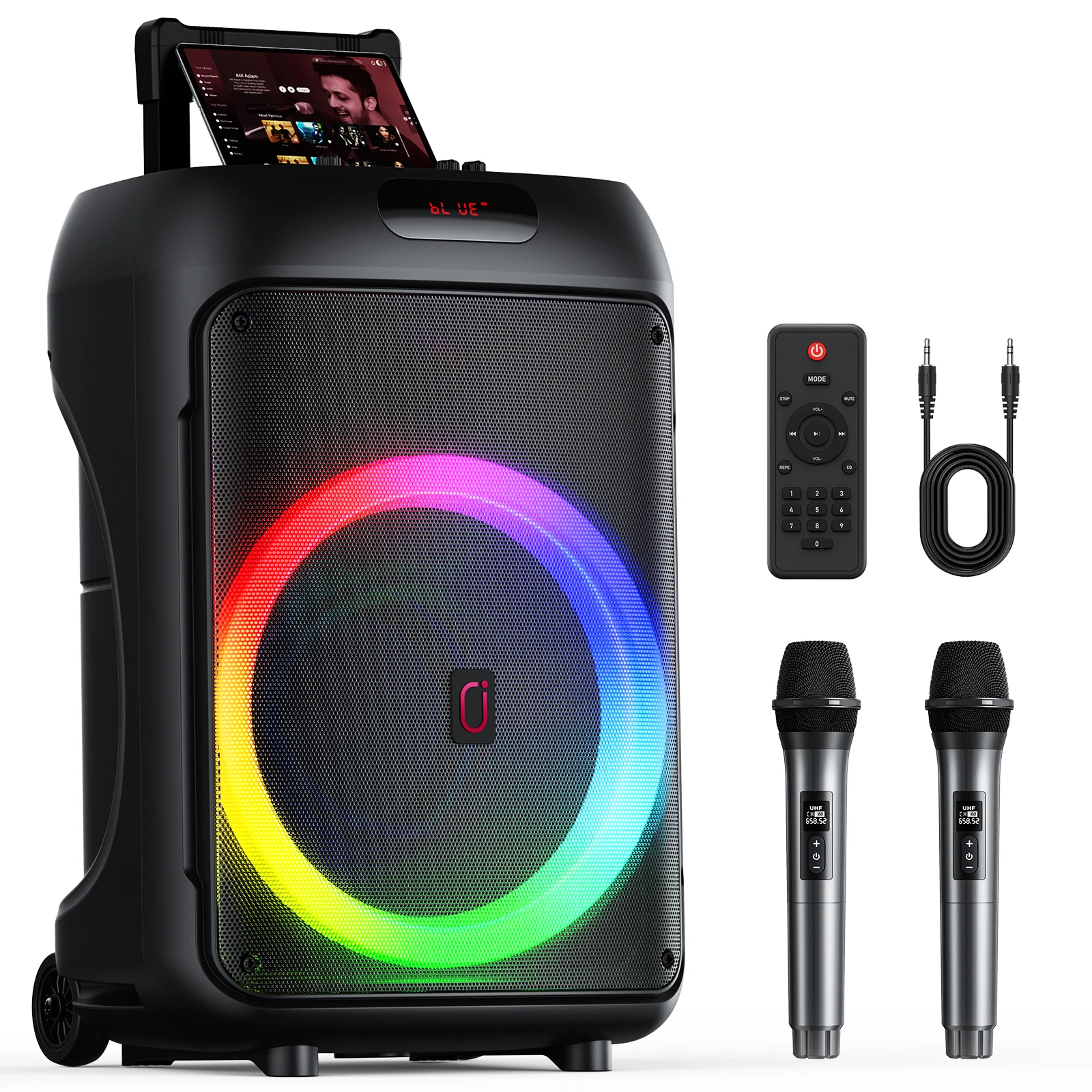 آلة T36 Kara Ok مع 2 ميكروفونات لاسلكية، مع Bt، USB، بطاقة Tf، تسجيل، مع Tws، نظام Pa كبير للحفلات مع أضواء الديسكو