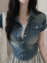 Slim Fit Short Sleeve Collar Denim Shirt Jacket Women's Lightweight Vintage Design Summer Fashion Small Size Top