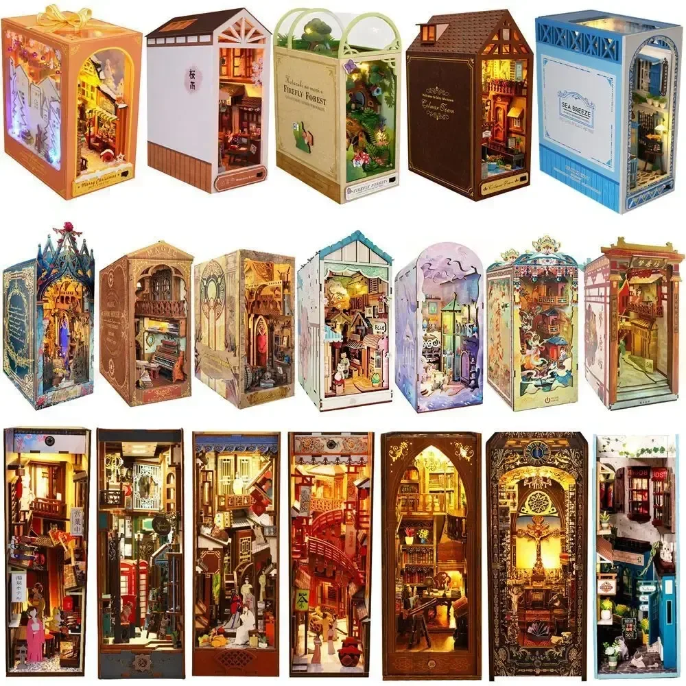 Book Nook Diy Wooden Shelf Insert Kit Miniature Fairy Tale Town Bookshelf Forest House Dollhouse Bookend Toys Children Xmas Gift