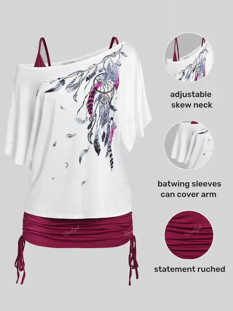 ROSEGAL Plus Size Skew Neck Batwing Sleeve Tee And Cinched Tank Top Set Women Spring, Summer Feather Printed T-Shirt Vest Twinset