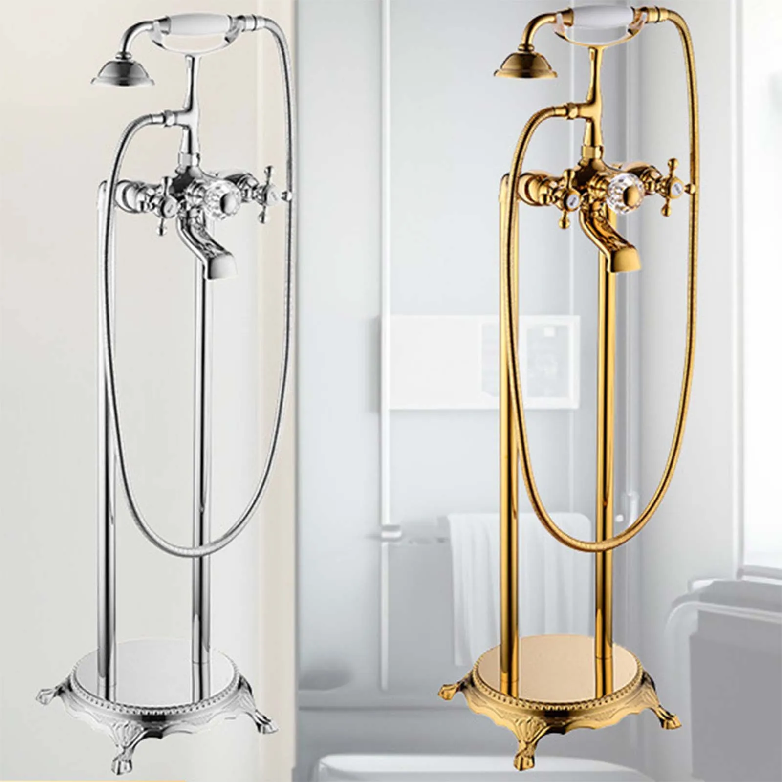 

Antique Brass Floor Standing Bathtub Faucet Hot Cold Water Dual Handle Ceramic Bathroom Faucets Bath Mixer