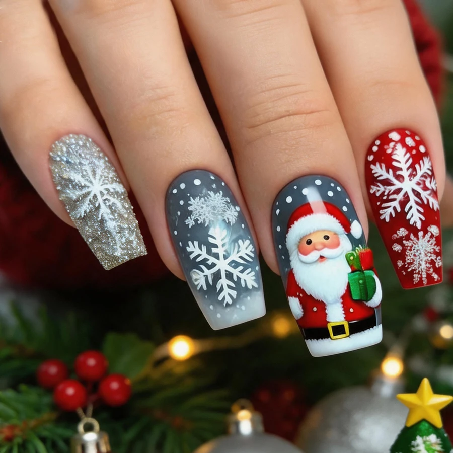 24-Piece Christmas Medium-Length Rectangular Press-On Nails Santa Claus Christmas Tree Snowflake Fake Nails with Jelly Glue Nail File Removable Finished Nail Set