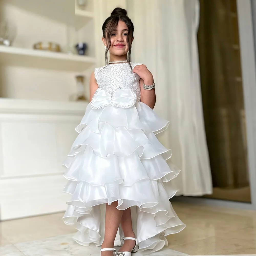 Tiered Cake Flower Girl dresses Sequin Dress for girls A-line Birthday Dress Hi-Lo Girl Princess Dress Bow Ivory Kids' dresses