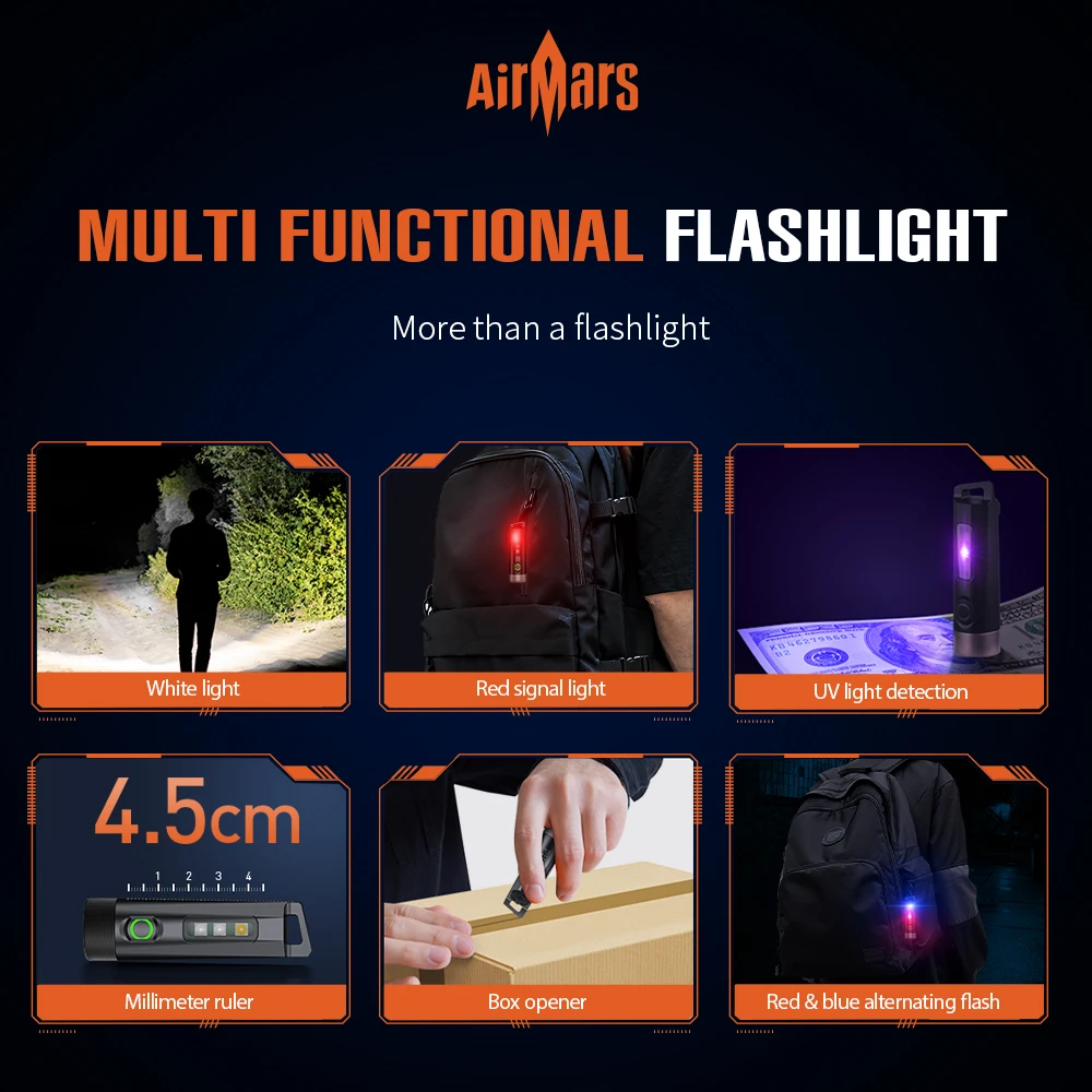 Airmars Multifunctional Mini Flashlight Six Levels of Brightness Adjustable UV Can Be Widely Used in a Variety