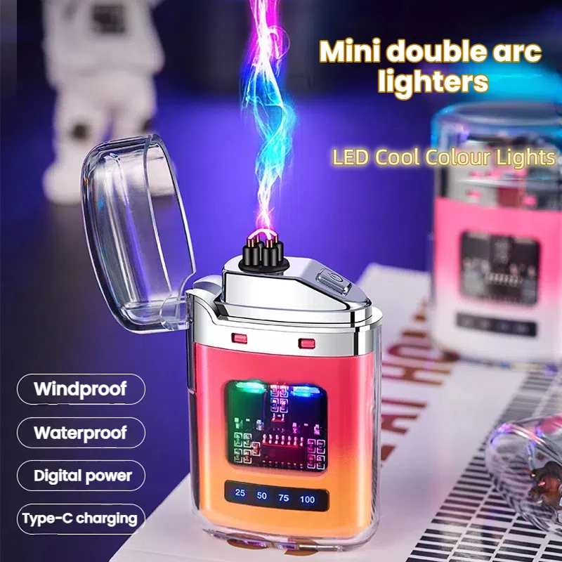 

Ветрозащитная плазменная зажигалка с двойной дугой, перезаряжаемая от USB/Type-C, светодиодный дисплей с батареей, прозрачный корпус, водонепроницаемая, для улицы и курения