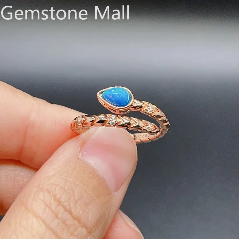 

Blue Opal Silver Ring 4mm*6mm Australia Natural Opal Jewelry Fashion Adjustable Gemstone Ring for Young Girl